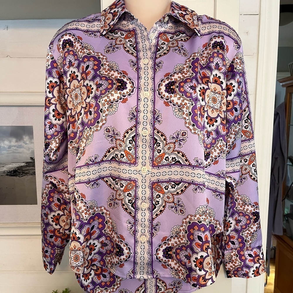 Ann Taylor XXSP Button Down Blouse Purple Oran  Pattern NWOT - Picture 4 of 11